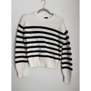 GAP Womens Shaker Stitch Striped Sweater Cream Black Crewneck Pullover Small